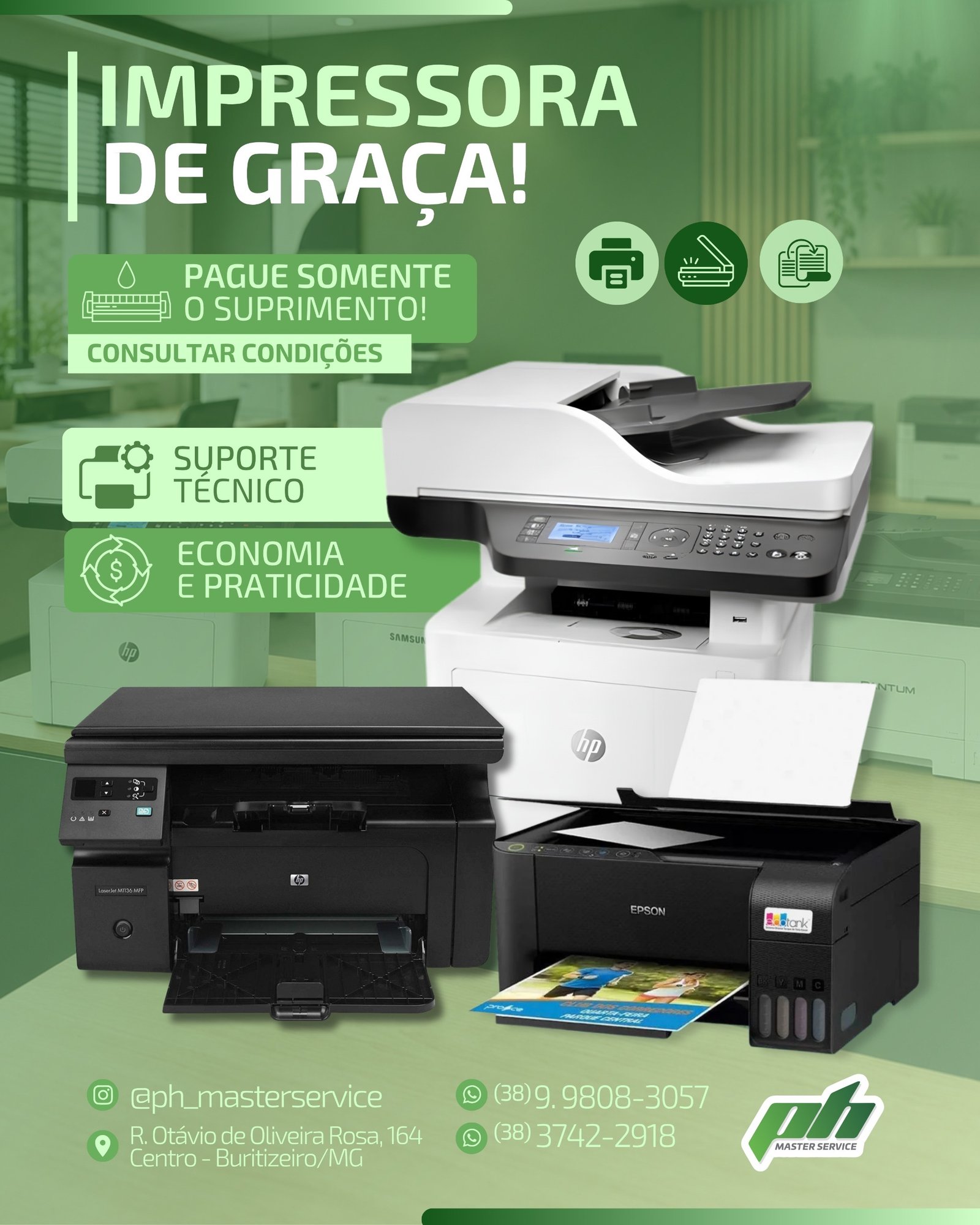 Locação de impressoras PH Master Service: impressora de graça, pague somente o suprimento, consulte condições
